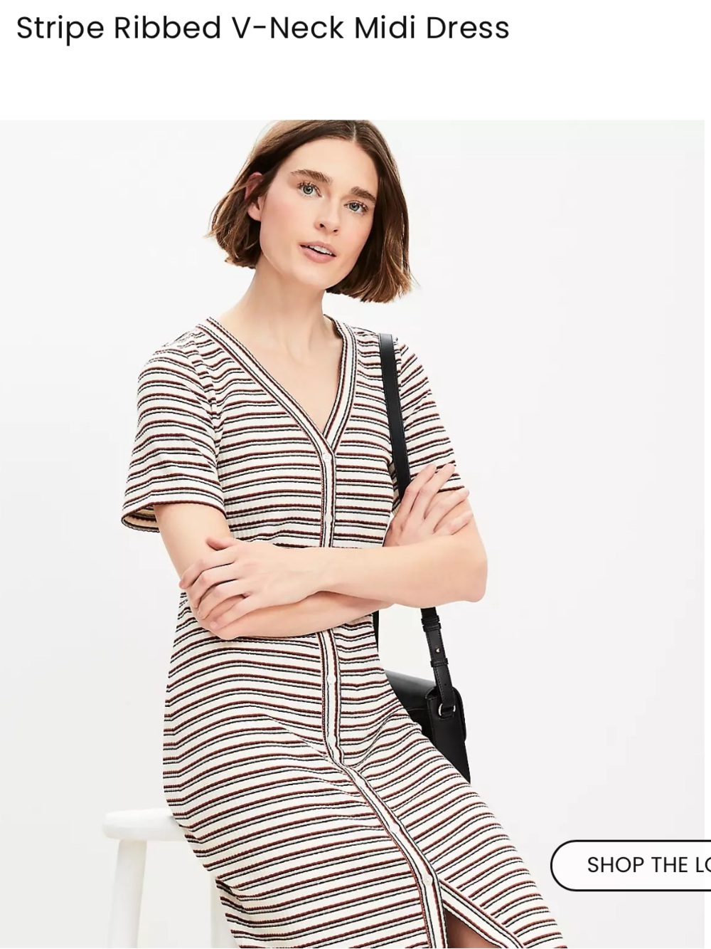 LOFT Striped V‑Neck Midi Dress in Black & Cream with Brown Accents